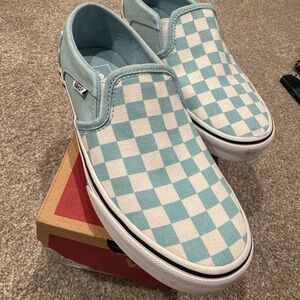 Vans Aqua and White Checkered Slip-Ons